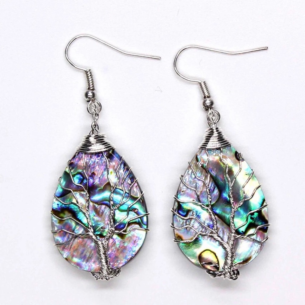 Teardrop Abalone Shell Winding Wire Tree Earrings